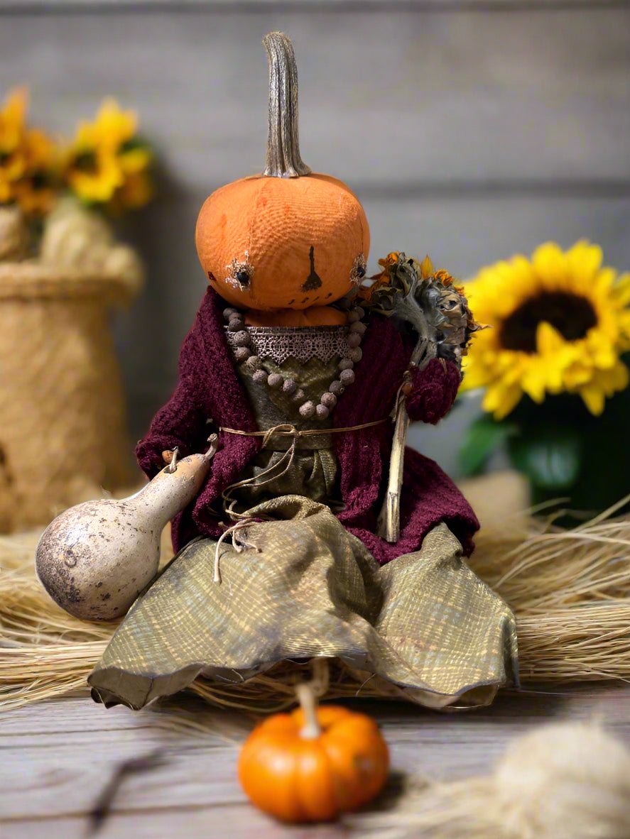 Primitive Handcrafted Pumpkin Doll Carla w/ Gourd/Sunflower 12&quot; - The Primitive Pineapple Collection