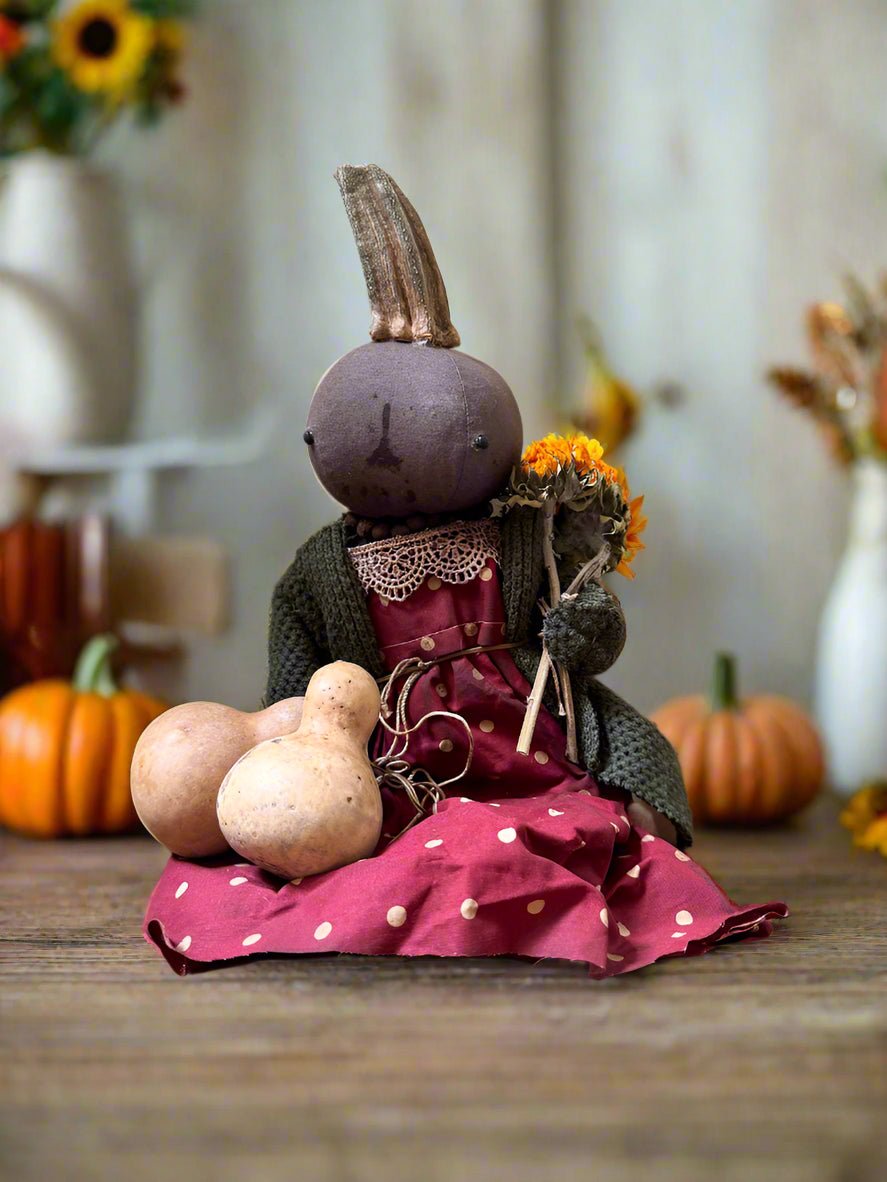 Primitive Handcrafted USA Pumpkin Doll Claire w/ Gourd 12&quot; - The Primitive Pineapple Collection
