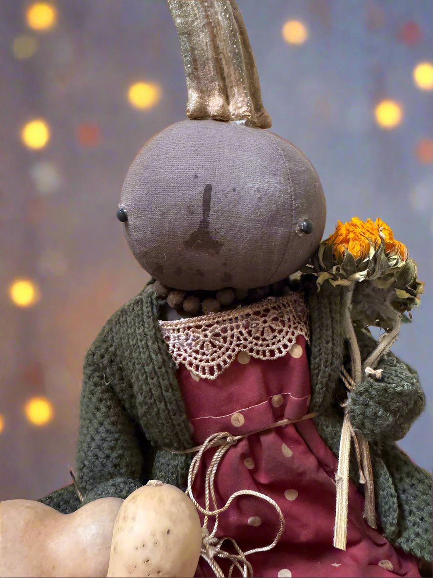 Primitive Handcrafted USA Pumpkin Doll Claire w/ Gourd 12&quot; - The Primitive Pineapple Collection