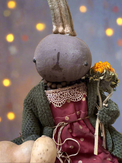 Primitive Handcrafted USA Pumpkin Doll Claire w/ Gourd 12&quot; - The Primitive Pineapple Collection
