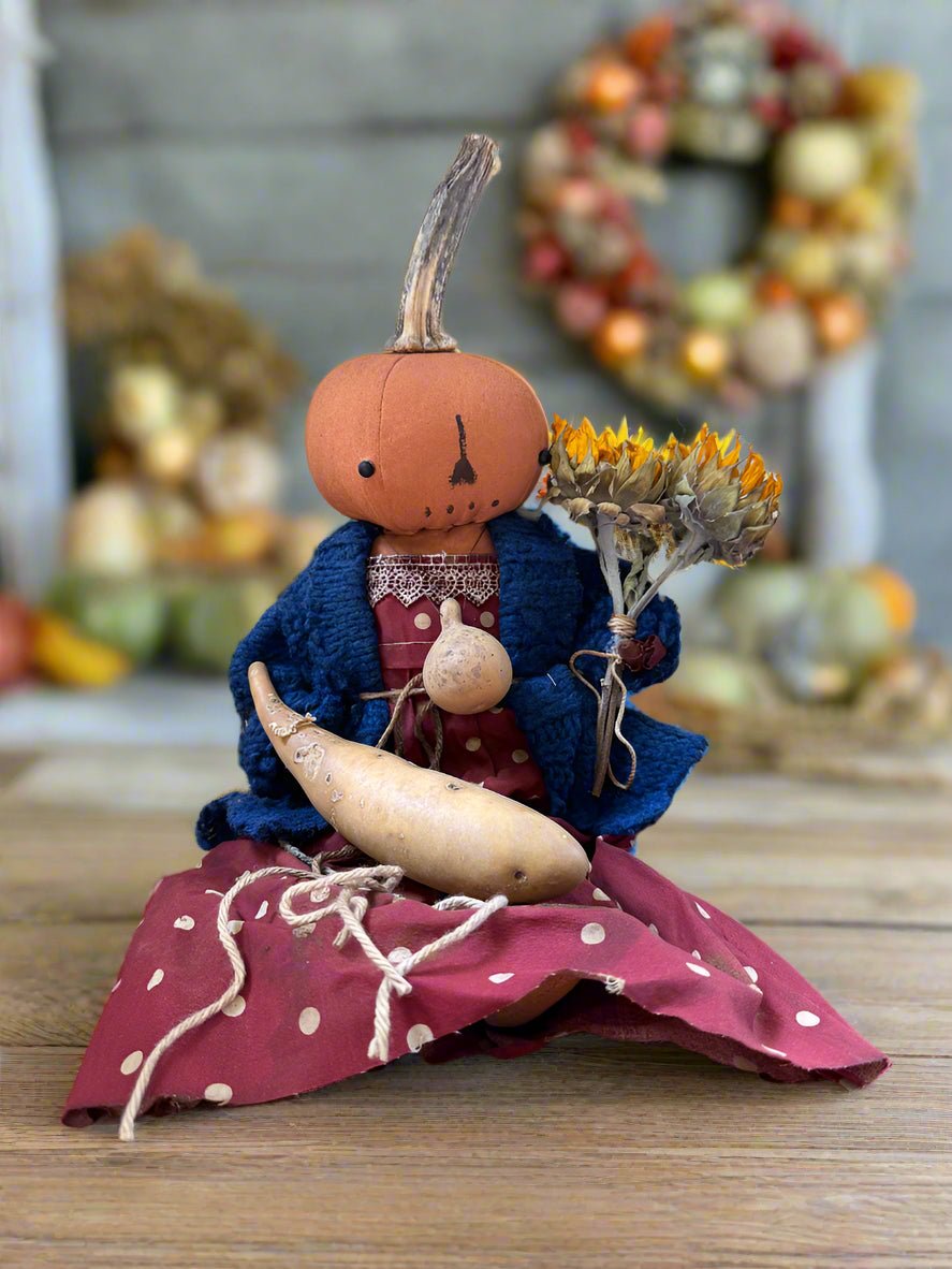 Primitive Handcrafted Pumpkin Doll Emma w/ Gourd 12&quot; - The Primitive Pineapple Collection