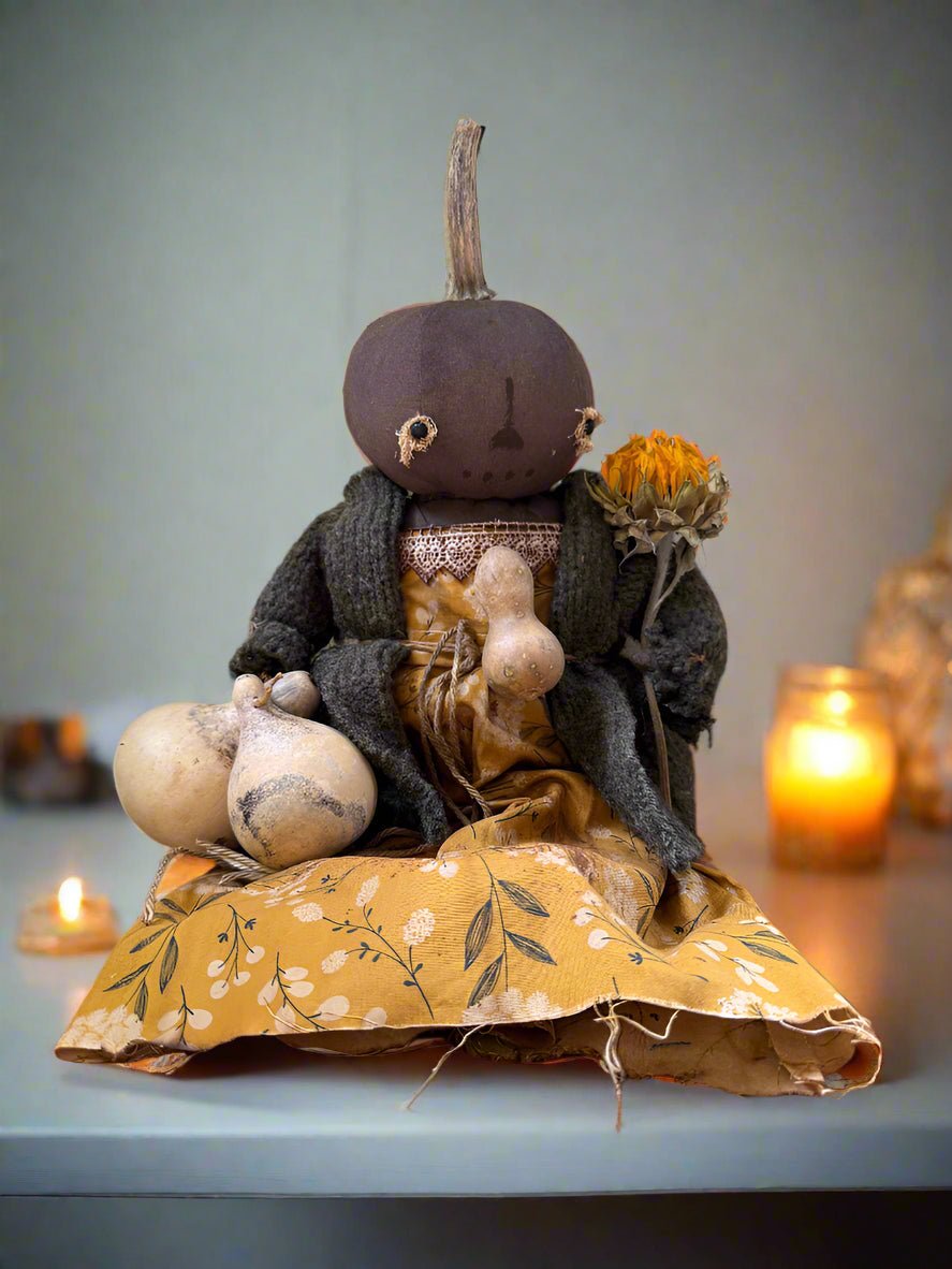 Primitive Handcrafted Pumpkin Doll Gail w/ Gourd 12&quot; - The Primitive Pineapple Collection