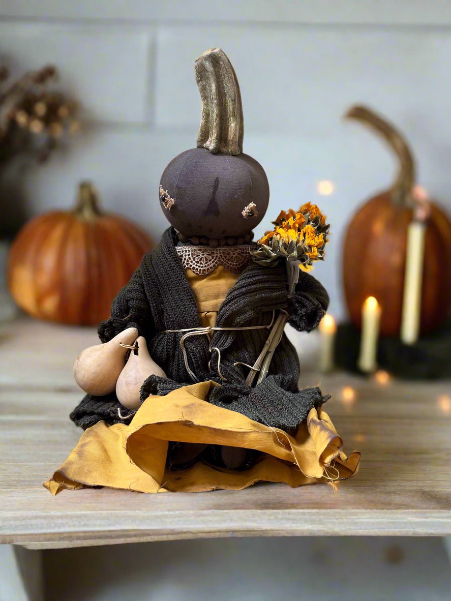 Primitive Handcrafted USA Pumpkin Doll Jenny w/ Gourd 12&quot;