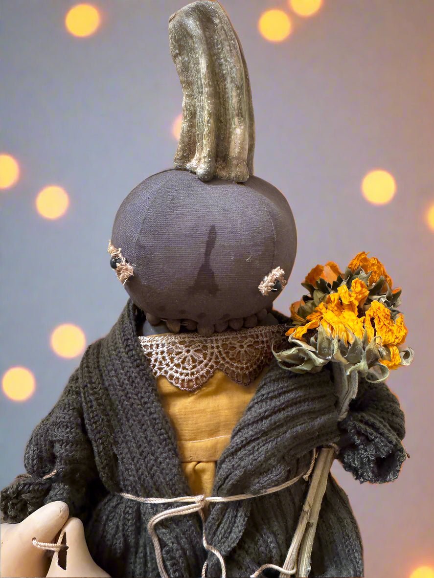 Primitive Handcrafted USA Pumpkin Doll Jenny w/ Gourd 12&quot; - The Primitive Pineapple Collection