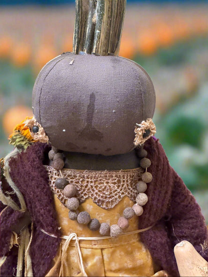 Primitive Handcrafted USA Pumpkin Doll Laura w/ Gourd 12&quot; - The Primitive Pineapple Collection