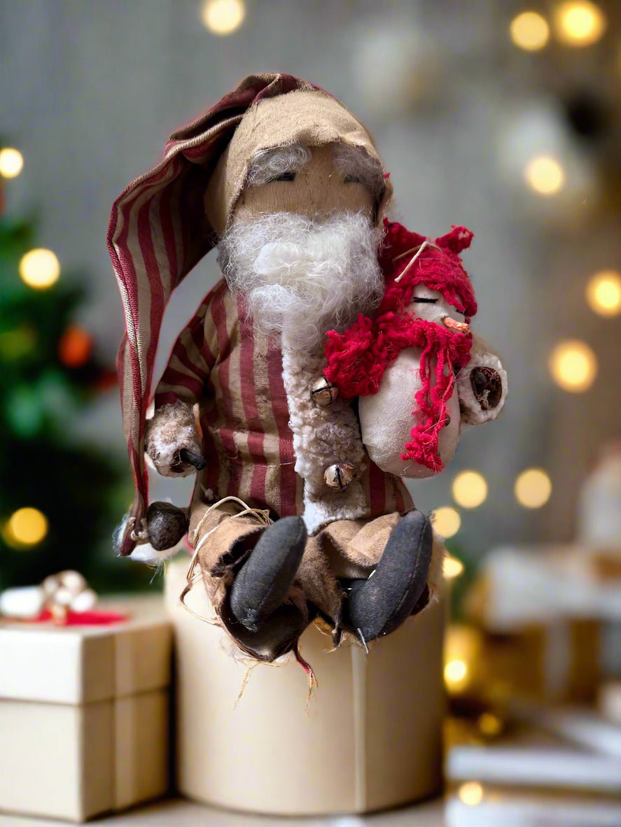 Primitive Handcrafted USA Red Striped Santa Claus Doll w/ Snowman Doll 12&quot; - The Primitive Pineapple Collection