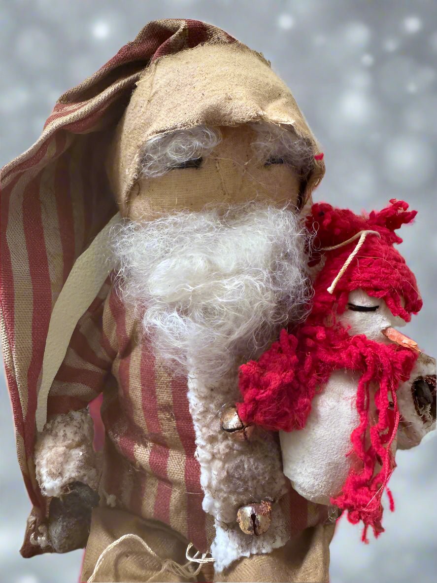 Primitive Handcrafted USA Red Striped Santa Claus Doll w/ Snowman Doll 12&quot; - The Primitive Pineapple Collection