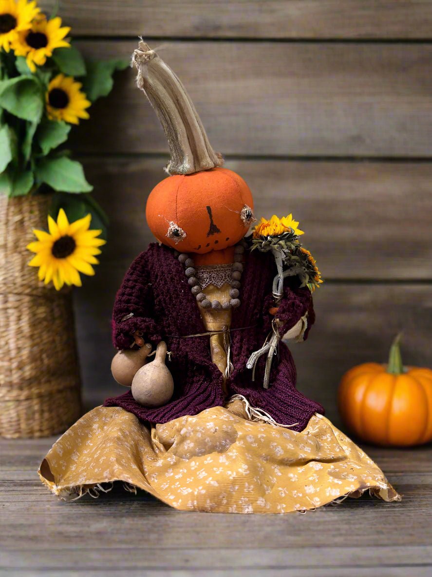 Primitive Handcrafted Pumpkin Doll Sally w/ Gourd/Sunflower 12&quot; - The Primitive Pineapple Collection