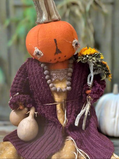 Primitive Handcrafted Pumpkin Doll Sally w/ Gourd/Sunflower 12&quot; - The Primitive Pineapple Collection