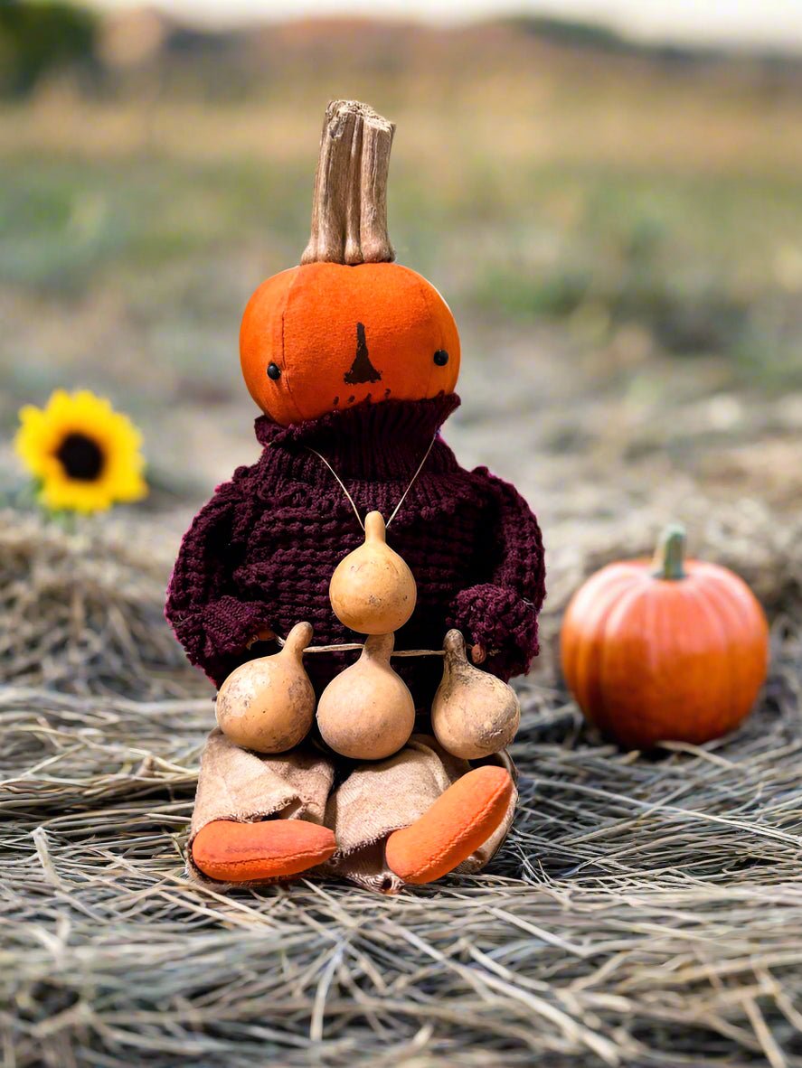 Primitive Handcrafted USA Pumpkin Doll Walter w/ Gourd 12&quot; - The Primitive Pineapple Collection