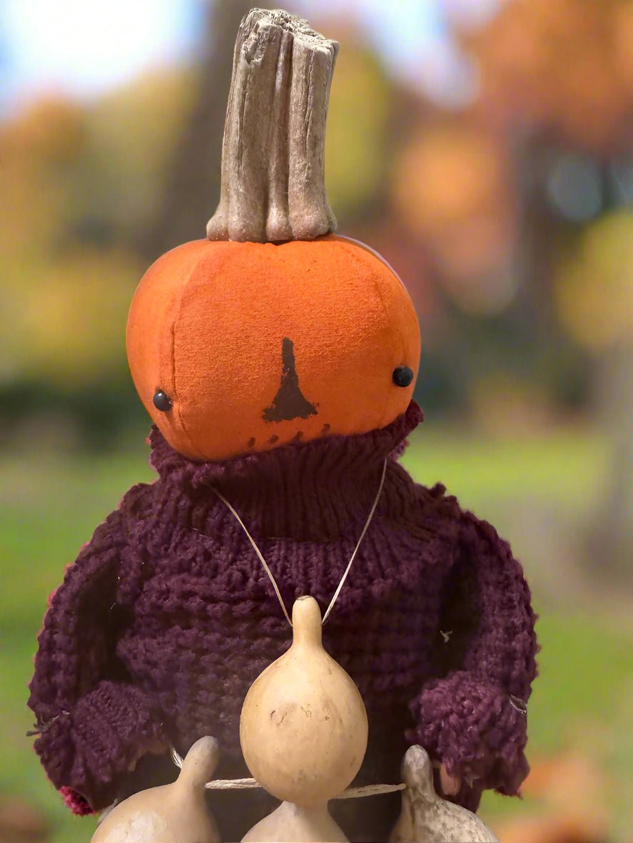 Primitive Handcrafted USA Pumpkin Doll Walter w/ Gourd 12&quot; - The Primitive Pineapple Collection