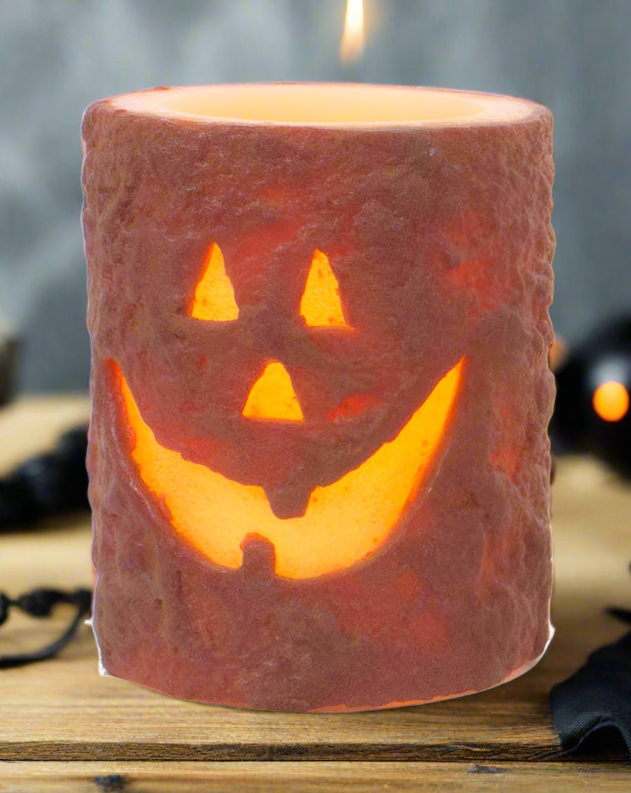 Fall/Halloween Timer 3&quot; x 4&quot; Jack O Lantern/Pumpkin LED Candle - The Primitive Pineapple Collection