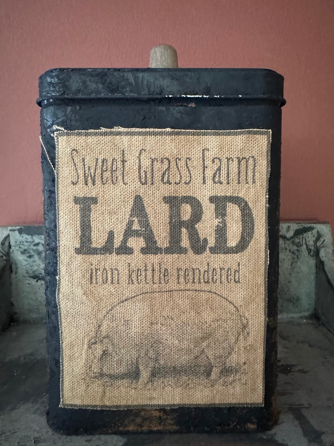 Primitive Colonial Handcrafted Grungy Sweet Grass Farm Lard Tin