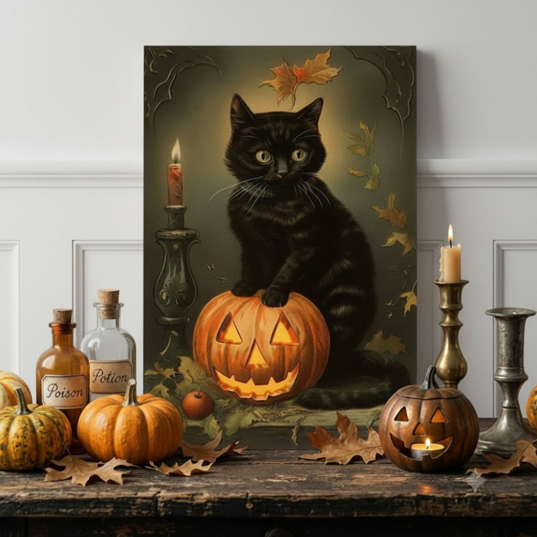 Primitive Halloween Black Kitty with Candle Pumpkin 12x8 Metal Sign