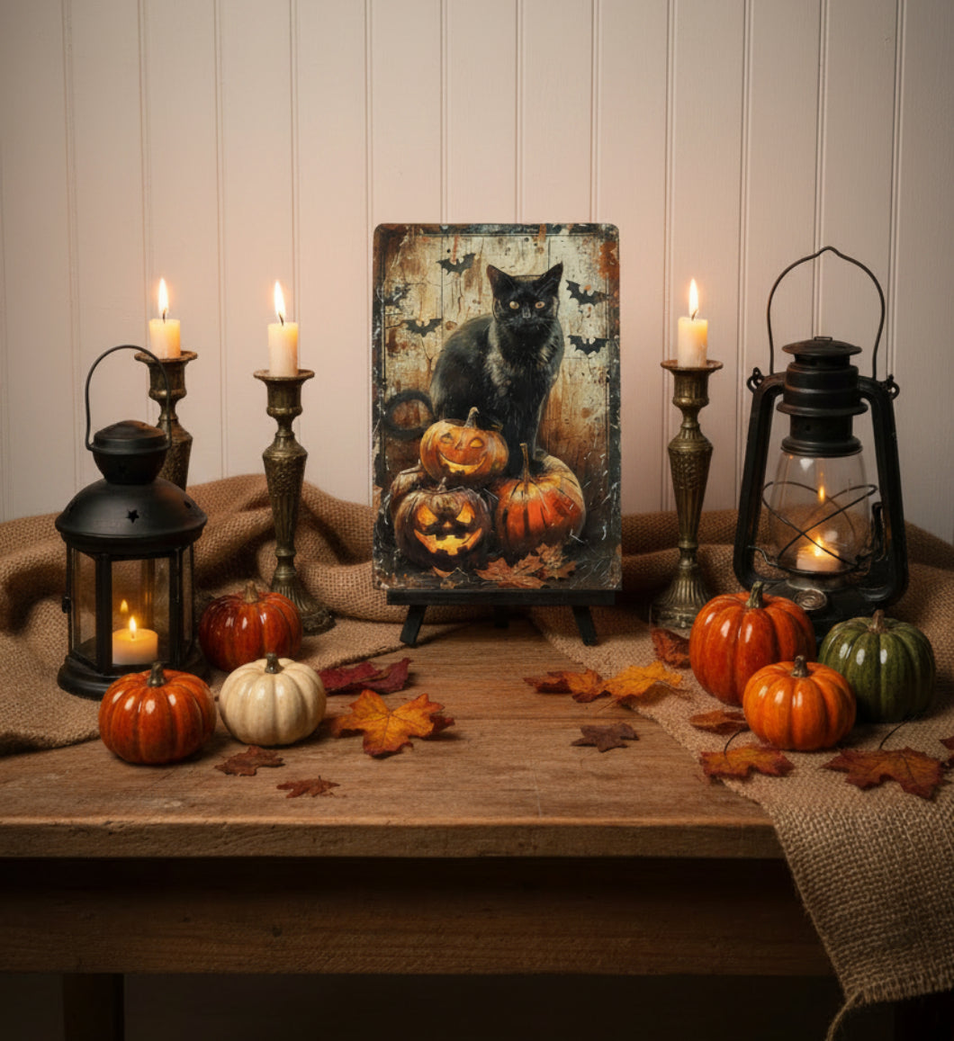 Primitive Halloween Black Cat Bats Jack O Lanterns 12x8 Metal Sign