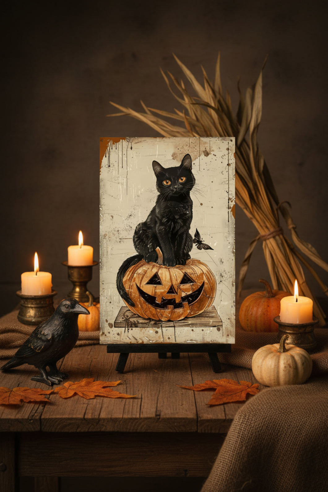 Primitive Halloween Black Cat on Jack O Lantern 12x8 Metal Sign
