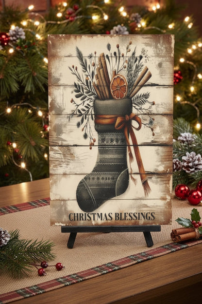Primitive Christmas Stocking w/Greenery 12x8 Metal Sign - The Primitive Pineapple Collection