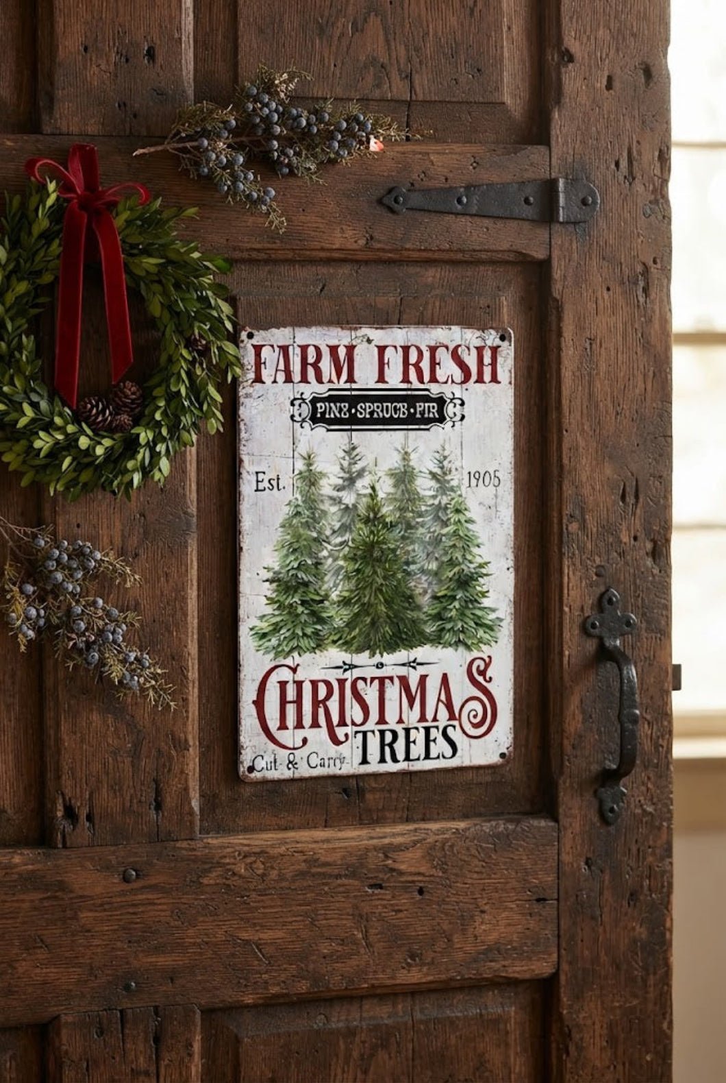 Primitive Farm Fresh Christmas Trees Metal Sign 8"x 12" - The Primitive Pineapple Collection
