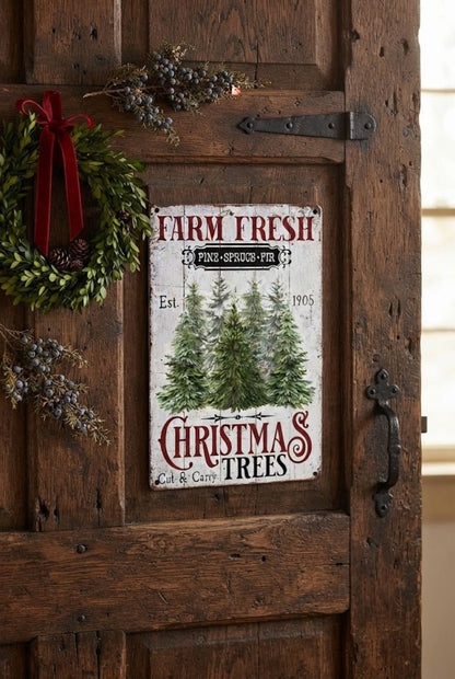Primitive Farm Fresh Christmas Trees Metal Sign 8"x 12" - The Primitive Pineapple Collection