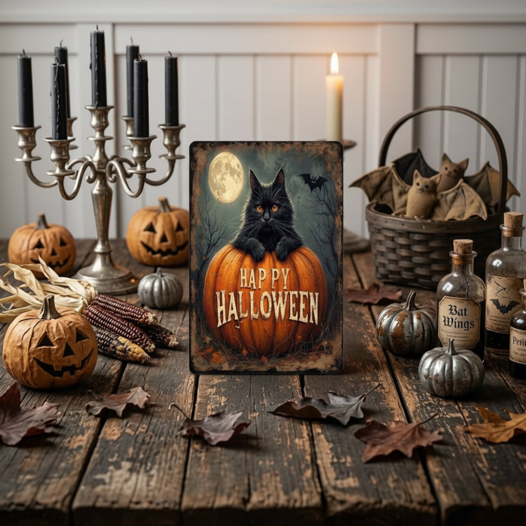 Primitive Happy Halloween Black Cat Pumpkin 12x8 Metal Sign