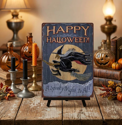 Primitive Happy Halloween Witch Flying 12x8 Metal Sign