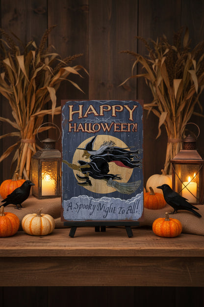 Primitive Happy Halloween Witch Flying 12x8 Metal Sign