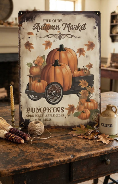 Primitive Fall Olde Autumn Market w/ Pumpkins 12x8 Metal Sign - The Primitive Pineapple Collection