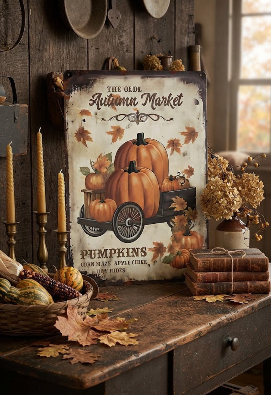 Primitive Fall Olde Autumn Market w/ Pumpkins 12x8 Metal Sign - The Primitive Pineapple Collection