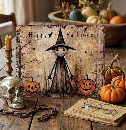 Primitive Halloween Ghost Witch w/ Jack O Lanterns 12x8 Metal Sign