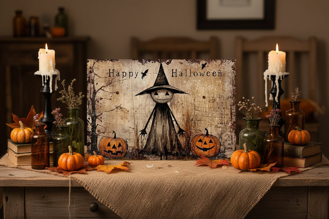 Primitive Halloween Ghost Witch w/ Jack O Lanterns 12x8 Metal Sign