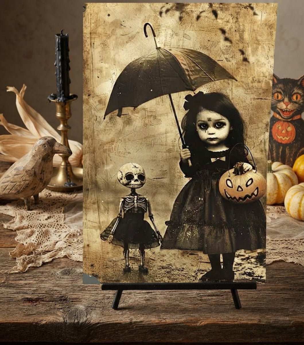 Primitive Halloween Girl with Umbrella 12x8 Metal Sign - The Primitive Pineapple Collection