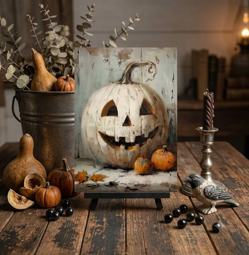 Primitive Halloween White Jack-O-Lantern 8x12 Metal Sign