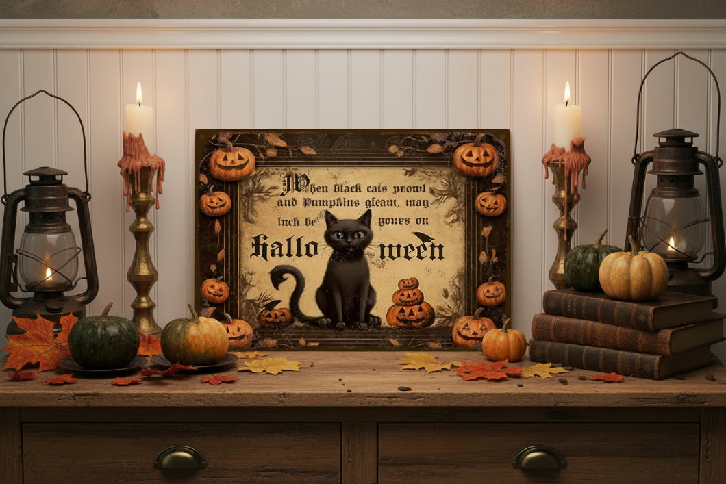 Primitive Halloween When Black Cats Prowl 12x18 Metal Sign