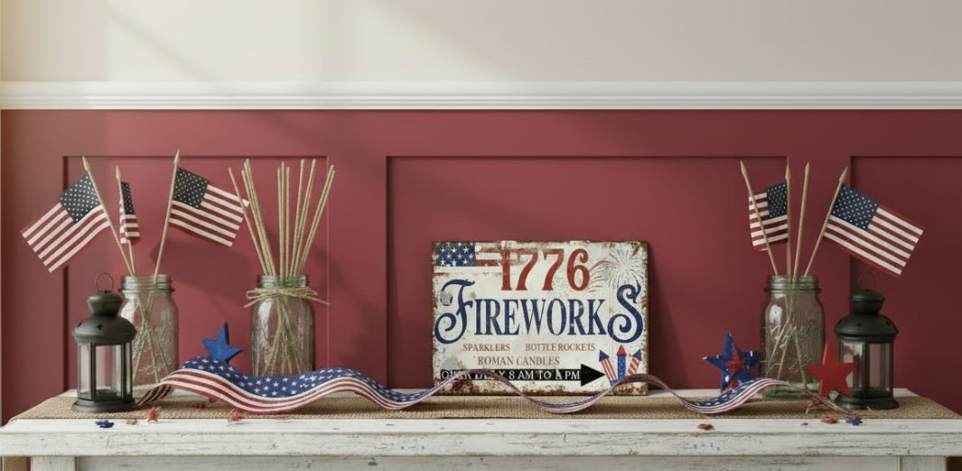 Primitive Americana 1776 Fireworks Advertising Metal Sign 12x8 - The Primitive Pineapple Collection