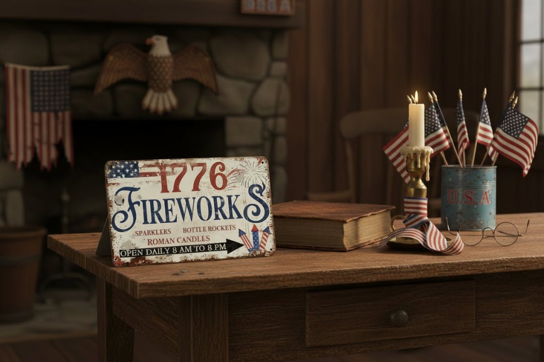 Primitive Americana 1776 Fireworks Advertising Metal Sign 12x8 - The Primitive Pineapple Collection