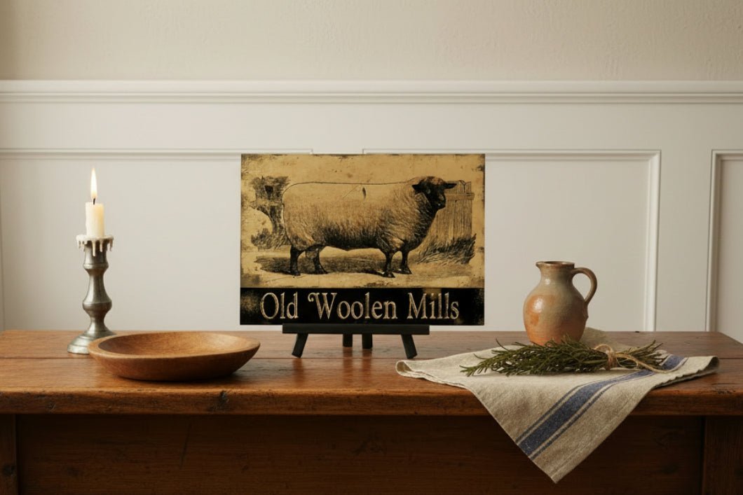 Olde Woolen Mills Sheep Metal Sign - 8x12 Primitive Farmhouse Wall Decor - The Primitive Pineapple Collection