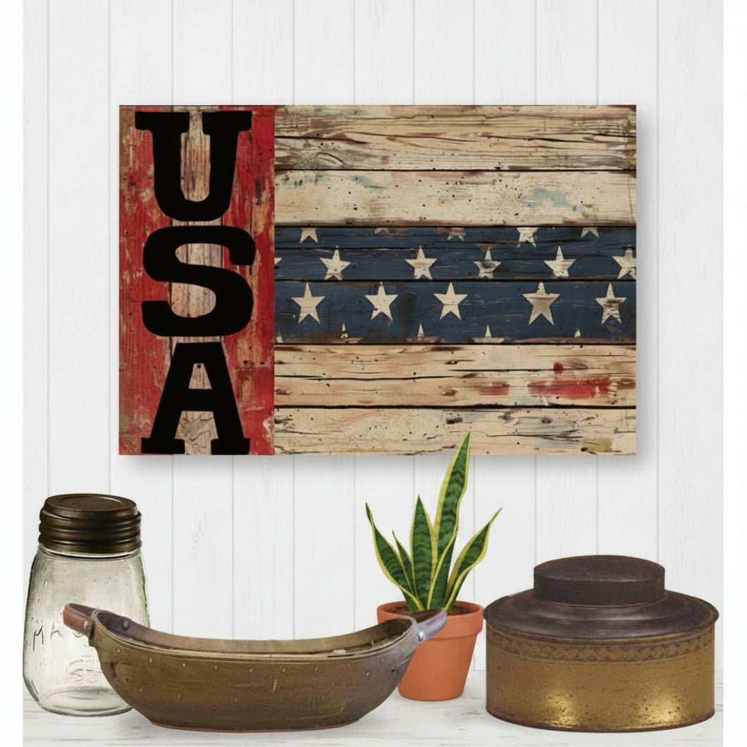 USA Distressed Wood Look 12x8 Metal Sign - The Primitive Pineapple Collection