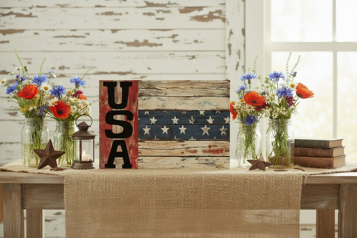 USA Distressed Wood Look 12x8 Metal Sign - The Primitive Pineapple Collection
