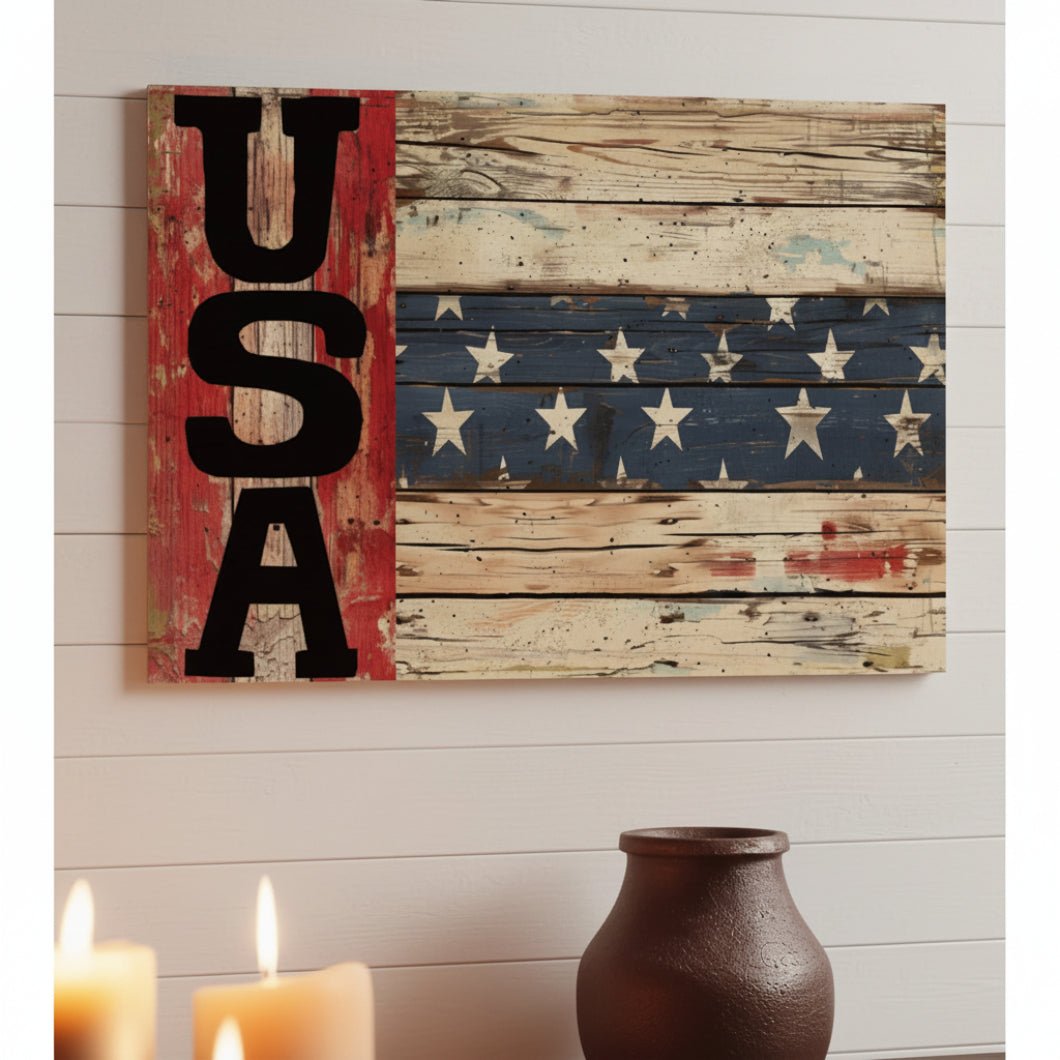 USA Distressed Wood Look 12x8 Metal Sign - The Primitive Pineapple Collection