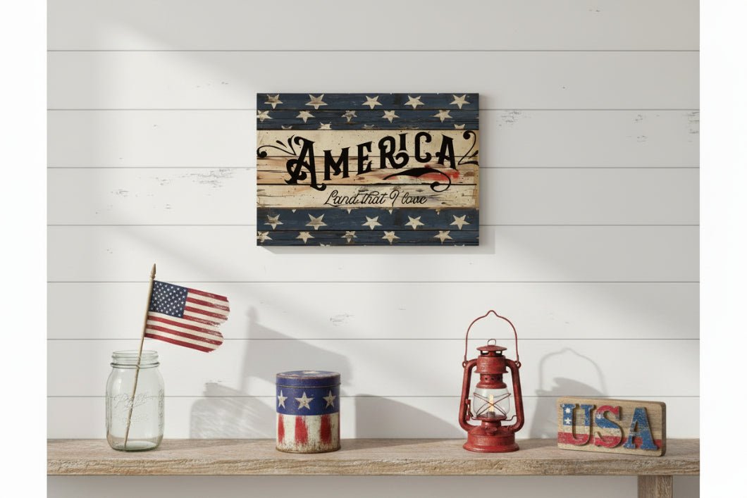 America Land That I Love – Patriotic Wall Decor 12" x 8" - The Primitive Pineapple Collection