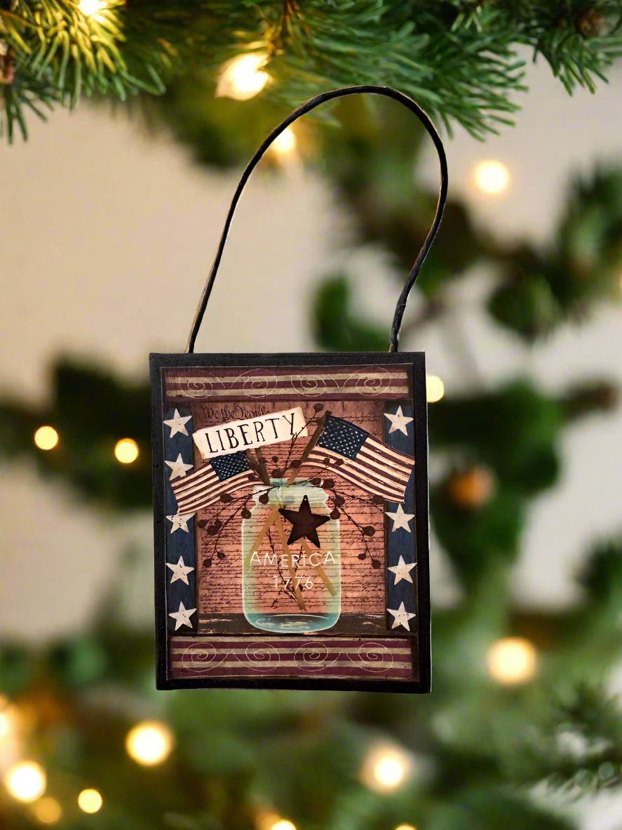 Primitive Farmhouse Handcrafted Americana Liberty Mason Jar and Flag Ornament - The Primitive Pineapple Collection
