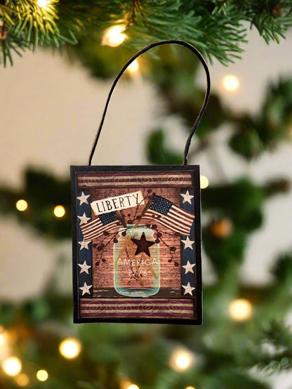 Primitive Farmhouse Handcrafted Americana Liberty Mason Jar and Flag Ornament - The Primitive Pineapple Collection