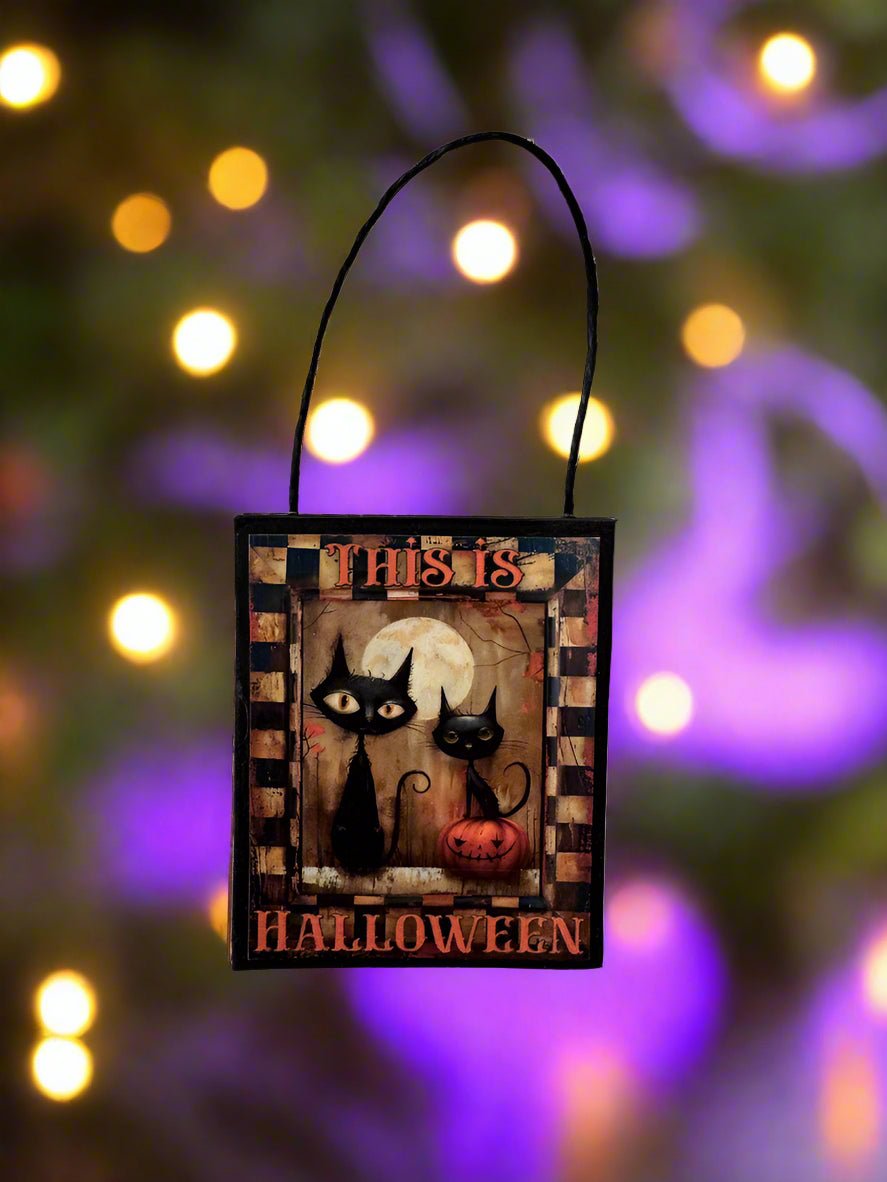 Primitive Retro Handcrafted Happy Halloween Black Cats w/ Jack O Lantern Ornament - The Primitive Pineapple Collection