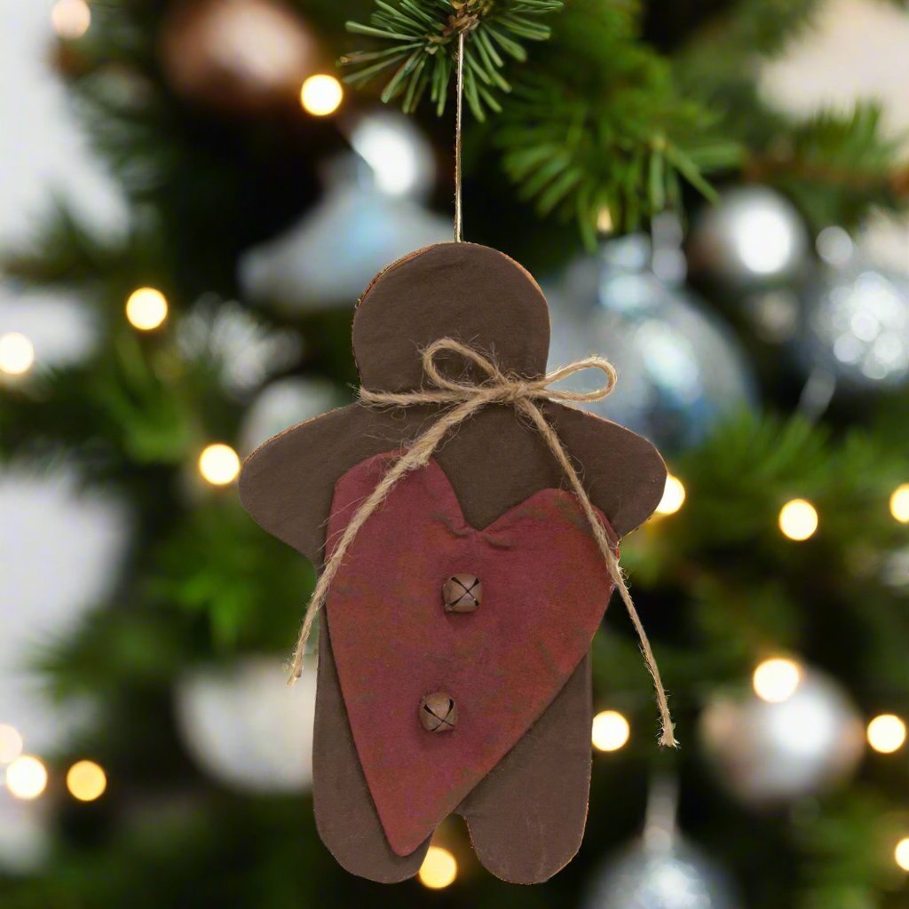 Christmas Primitive 7.5" Flat Fabric Gingerbread & Heart Christmas Ornament - The Primitive Pineapple Collection