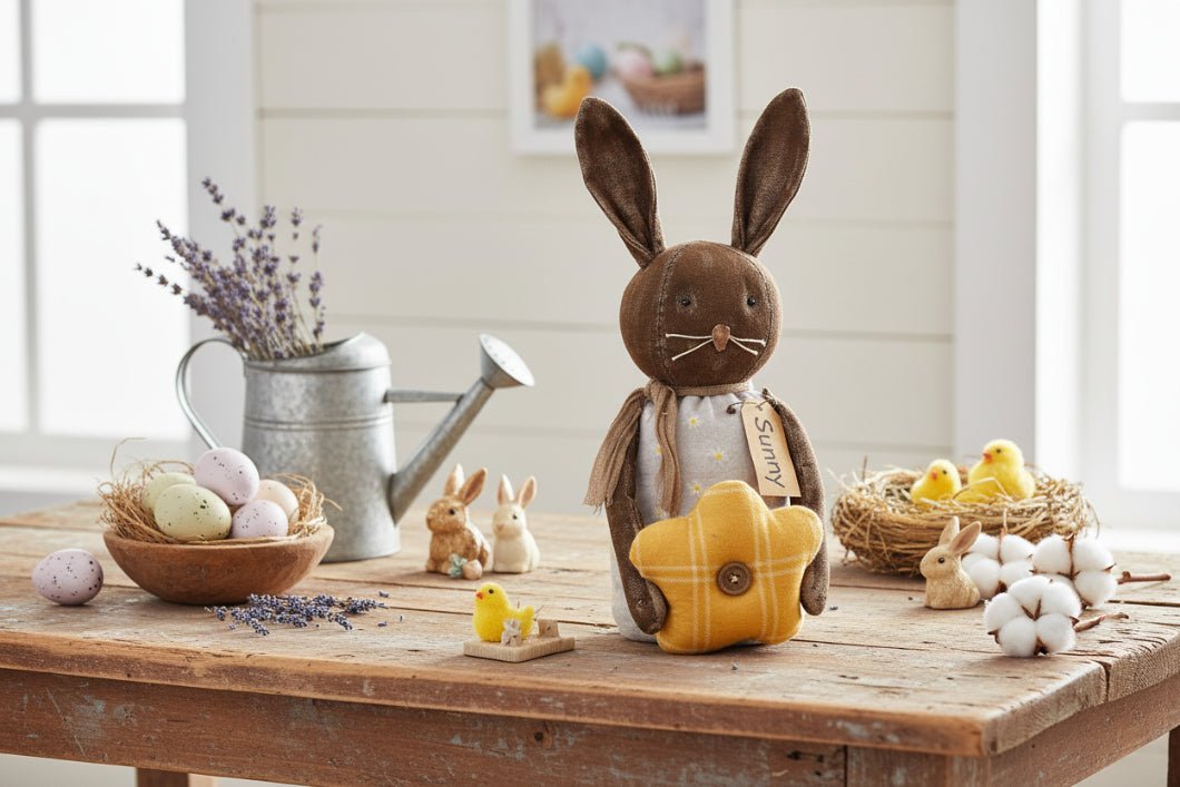Primitive Farmhouse Spring Sunny Bunny Doll w/Yellow Flower - The Primitive Pineapple Collection