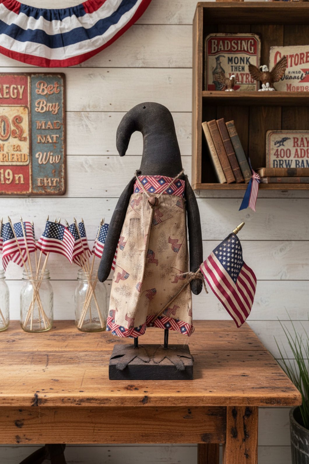 Primitive Handcrafted 20" Americana Patriotic Girl Crow on Stand w/ Flag - The Primitive Pineapple Collection