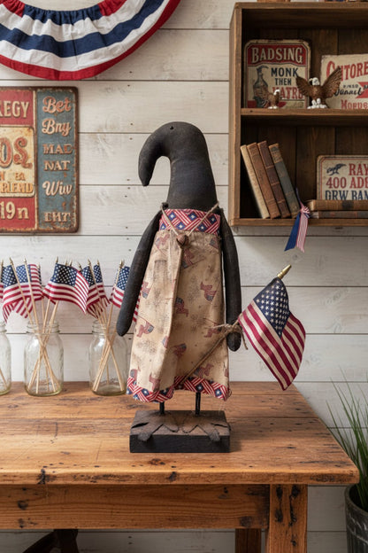 Primitive Handcrafted 20" Americana Patriotic Girl Crow on Stand w/ Flag - The Primitive Pineapple Collection
