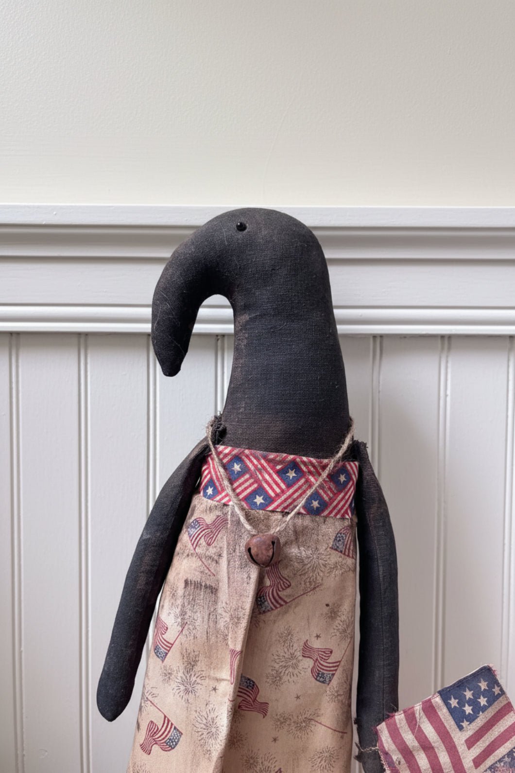 Primitive Handcrafted 20" Americana Patriotic Girl Crow on Stand w/ Flag - The Primitive Pineapple Collection