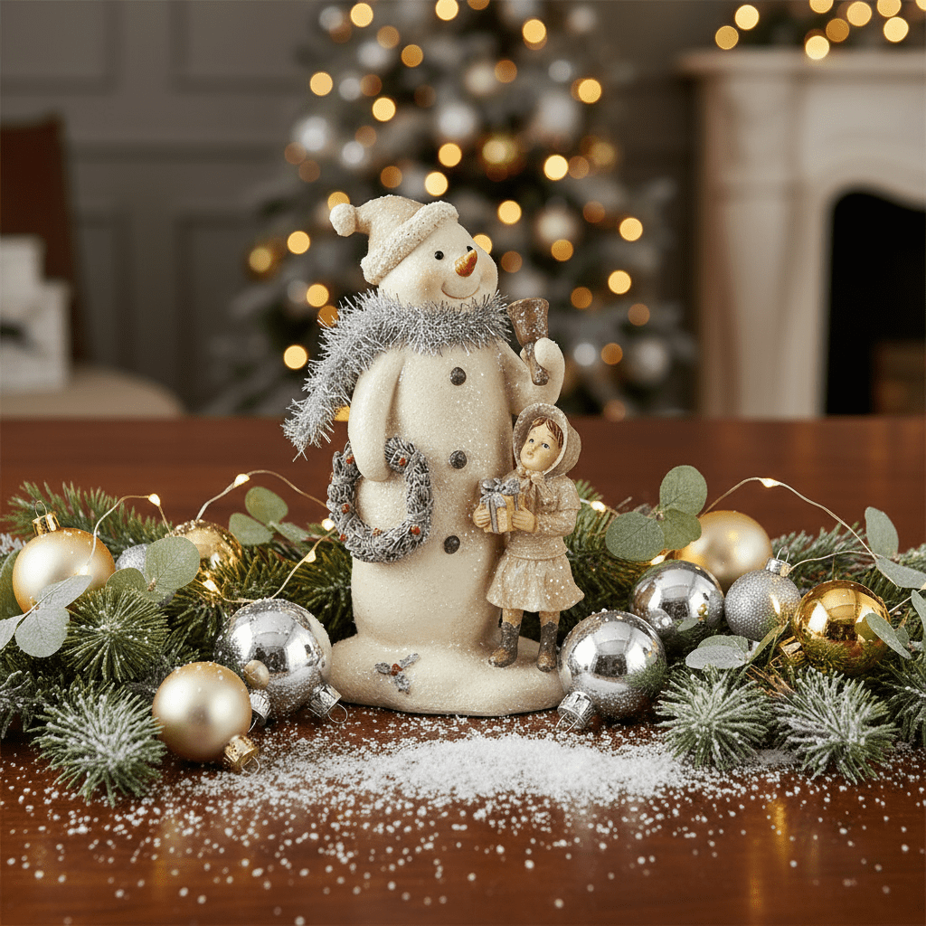 Primitive Vintage Look Christmas 7.5&quot; Resin Snowman w/Child Figurine 2 Styles - The Primitive Pineapple Collection