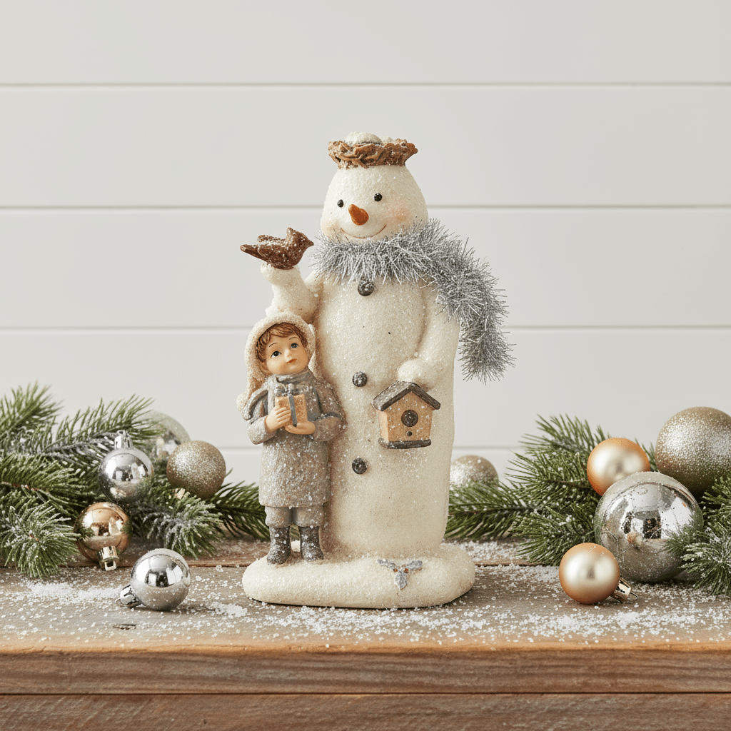 Primitive Vintage Look Christmas 7.5&quot; Resin Snowman w/Child Figurine 2 Styles - The Primitive Pineapple Collection